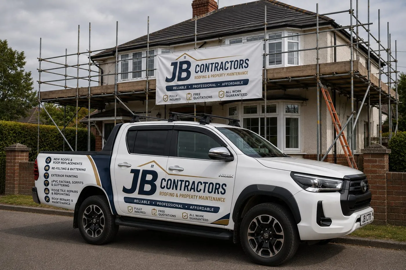 Camborne Roofing pickup truck on site at a scaffolded roofing job in Camborne